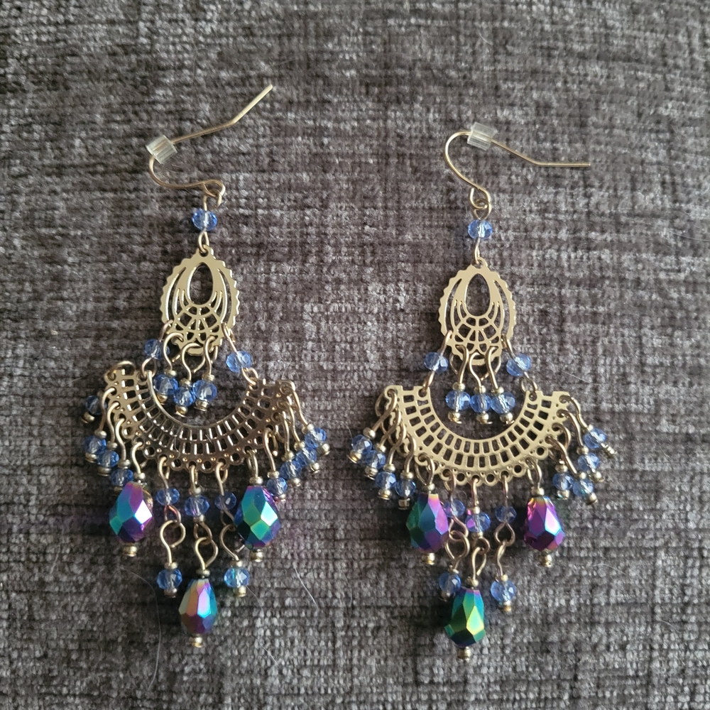 Elegant Gold and Blue Chandelier Earrings